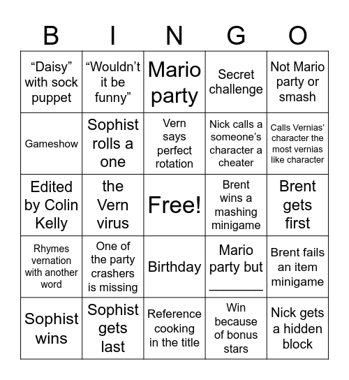 Party Crashers Bingo Card