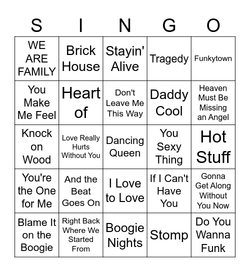 Disco Dancing Bingo Card