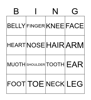 BODY PART Bingo Card