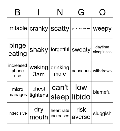 Stress Style Bingo Card