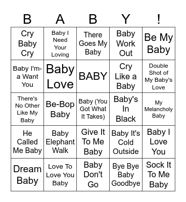 MUSIC BINGO #27 - Oh Baby! Bingo Card