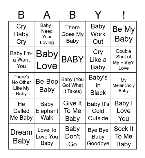 MUSIC BINGO #27 - Oh Baby! Bingo Card