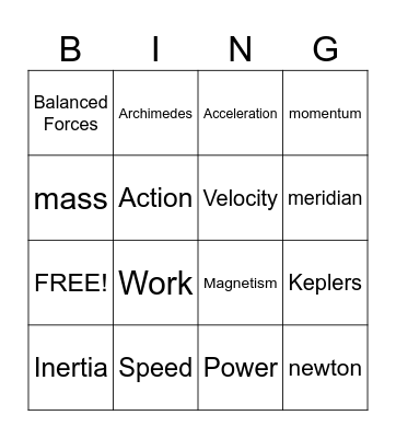 Motion and Force Bingo. Bingo Card