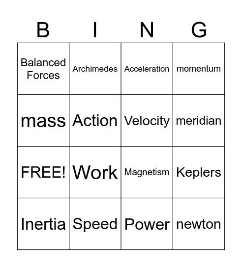 Motion and Force Bingo. Bingo Card