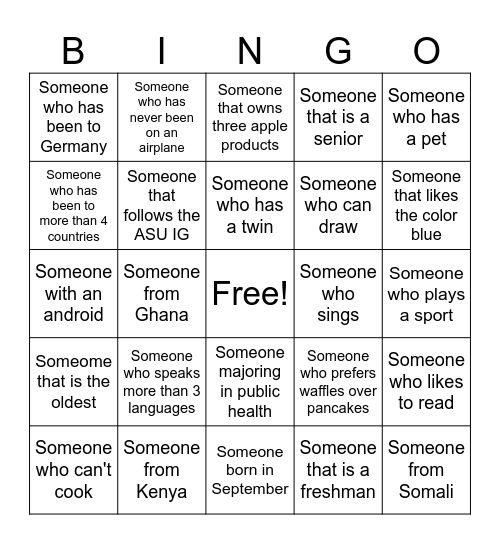 ASU Icebreaker Bingo Card