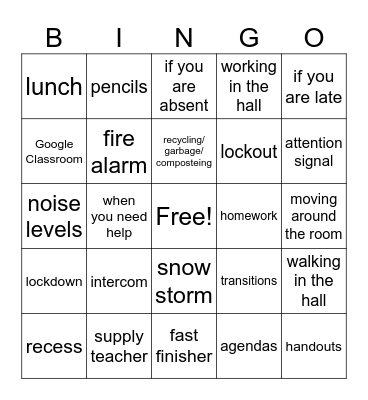 Back to School Procedures Bingo Card