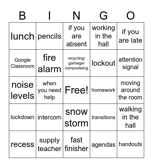 Back to School Procedures Bingo Card