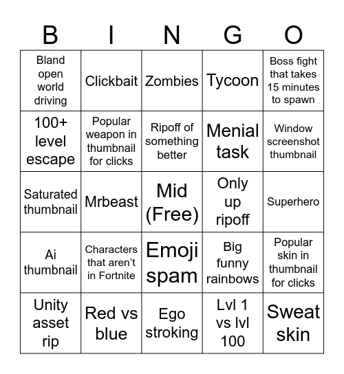 Fortnite Creative Bingo Card