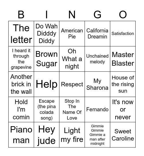 60's + 70's NQ Music bingo Card