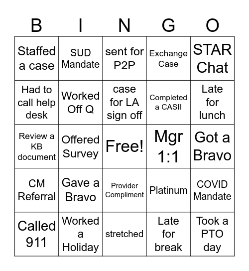 After Hours Bingo Card