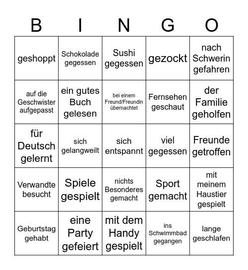 Was hast du in den Ferien gemacht? Bingo Card