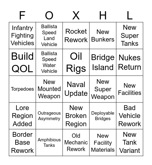Foxhole Naval Bingo Card