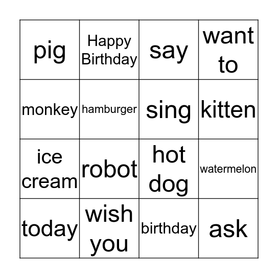 what would you like to eat? Bingo Card