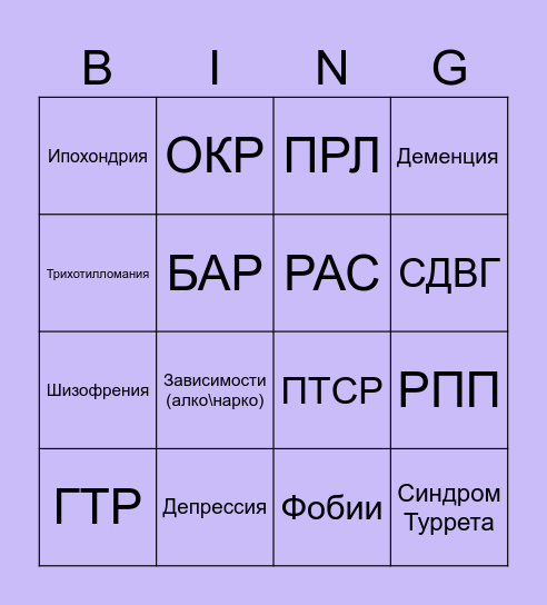 Вычеркивай те расстройства, которые есть у людей из твоего ближайшего окружения (родственники, друзья) Bingo Card