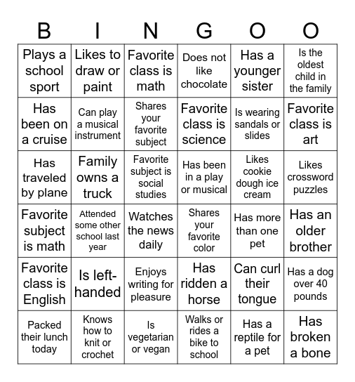 Classmate Bingo Card