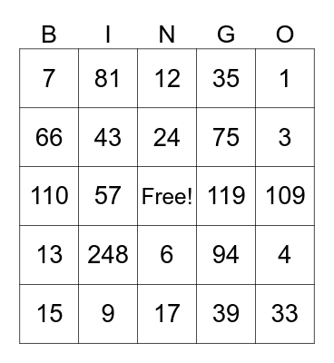 Subtraction Bingo Card