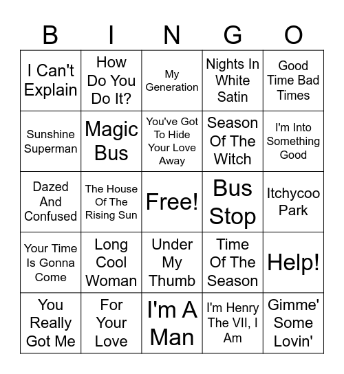 British Invasion Bingo Card