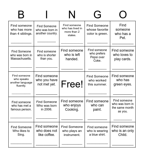 Find Someone Who Bingo Card