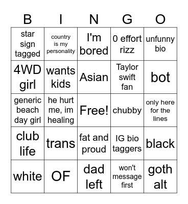 Tinder Bingo Card