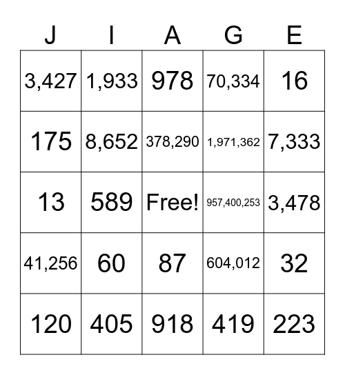 Numbers Bingo Card