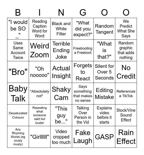 SSSniperwolf Bingo Card