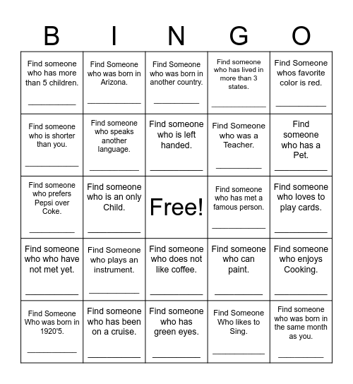 Find Someone Who Bingo Card