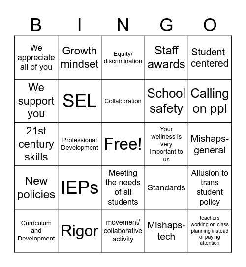 All-Staff Day Bingo Card