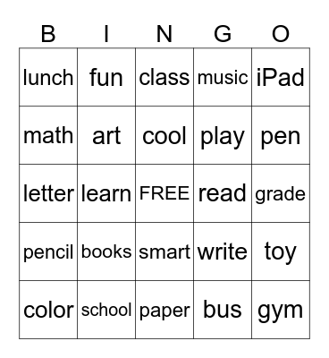 Back to School Bingo Card