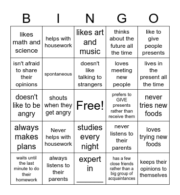 Personality Bingo Card