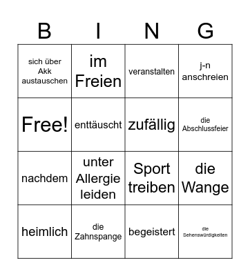 die schlechtesten Ferien Bingo Card