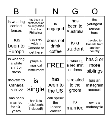 FIND THE GUEST Bingo Card