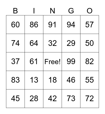 PLACE VALUE BINGO Card