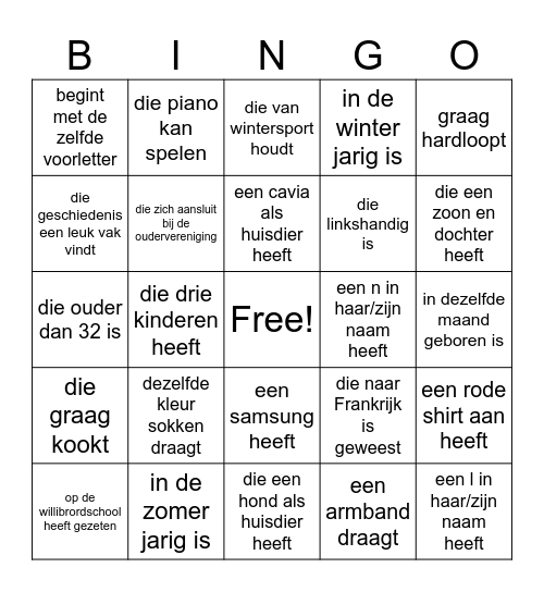 Zoek iemand die....kennismaking ouderavond Bingo Card