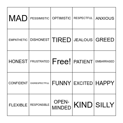 Personality Traits/Feelings Bingo Card