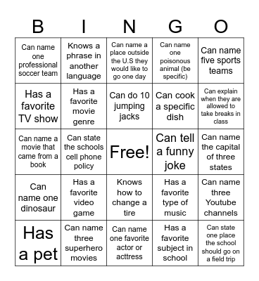 First Day Bingo Card