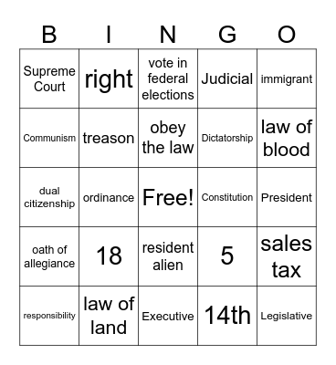 Citizenship Bingo Card
