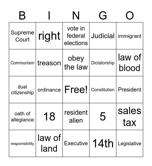 Citizenship Bingo Card