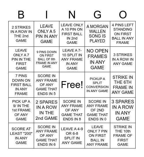 Bowling Bingo Card