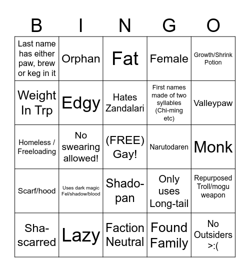 Pandaren Bingo Card