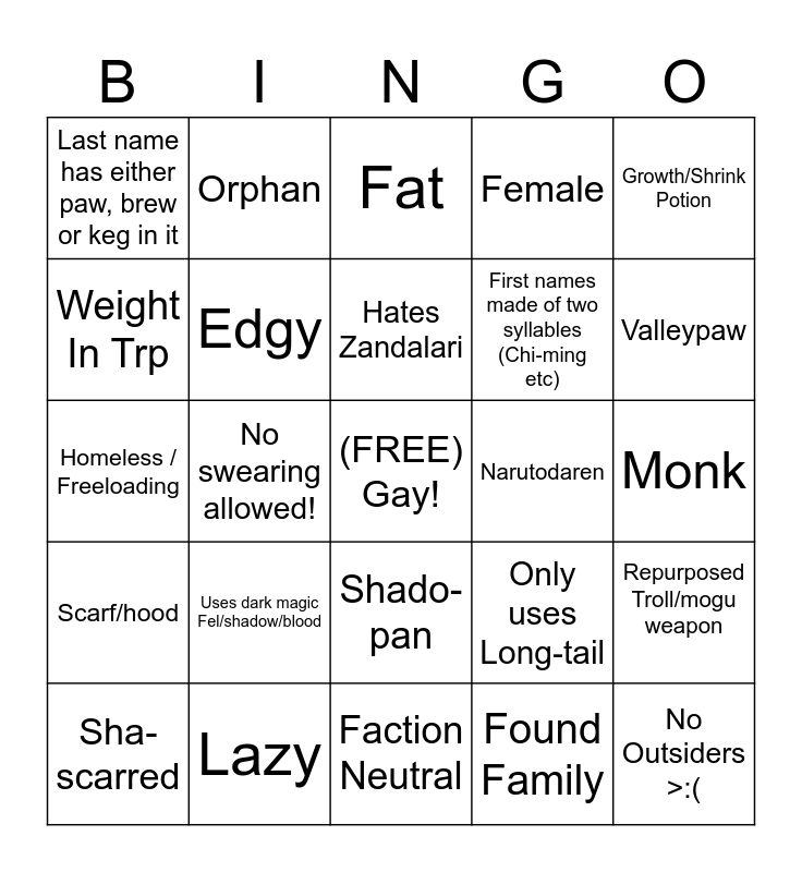 Pandaren Bingo Card