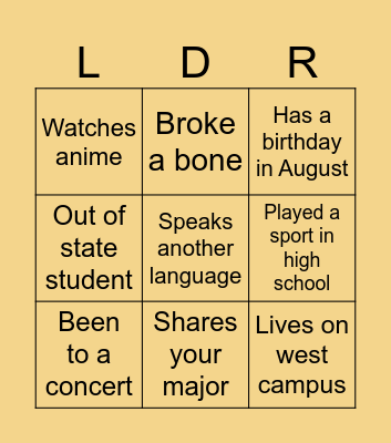 LDR Kickoff Bingo Card
