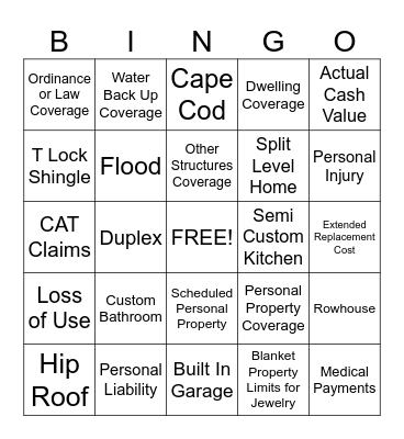 Home Insurance Bingo Card