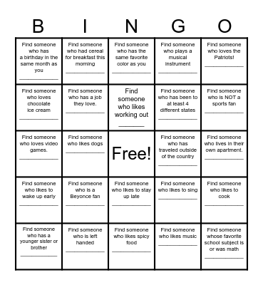 Find a Friend Bingo Card