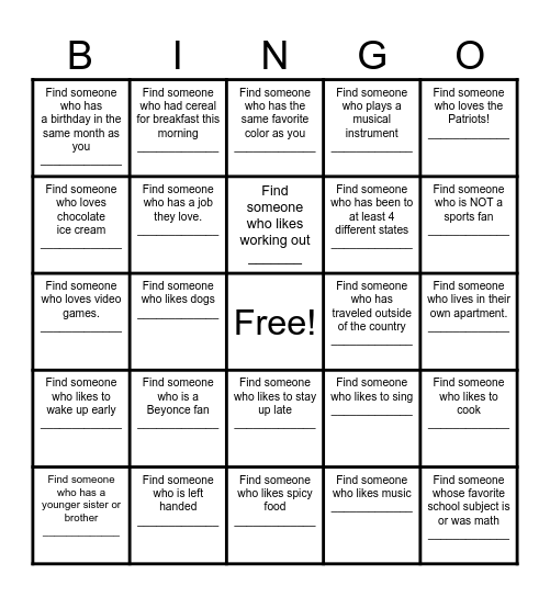 Find a Friend Bingo Card