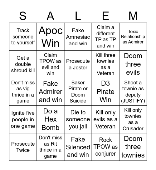 Town of Salem 2 BINGO BOARD Bingo Card