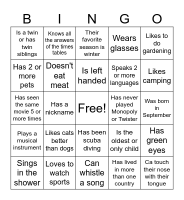 Getting to Know You Bingo Card