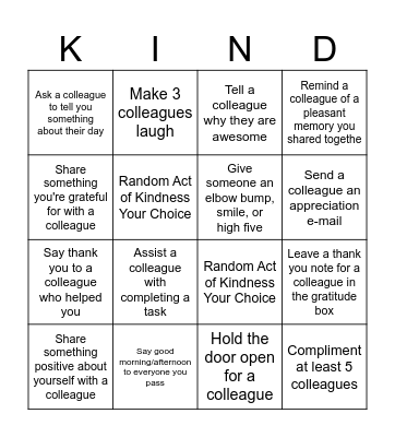 Workplace Random Acts of Kindness Bingo Card