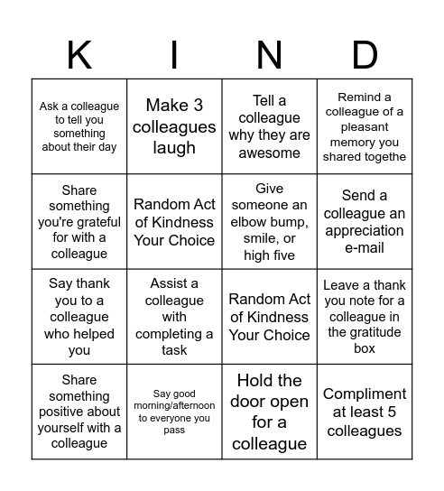 Workplace Random Acts of Kindness Bingo Card