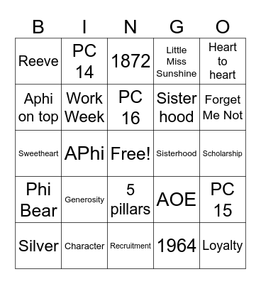 Alpha Phi Bingo Card