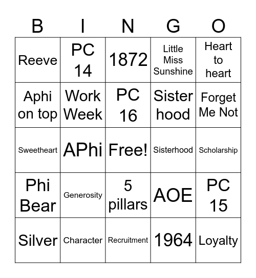 Alpha Phi Bingo Card